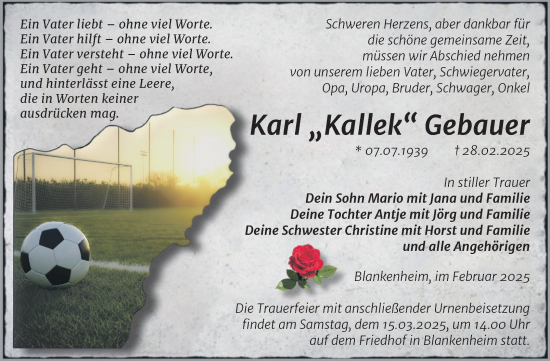 Traueranzeige von Karl Gebauer von Trauerkombi Sangerhausen