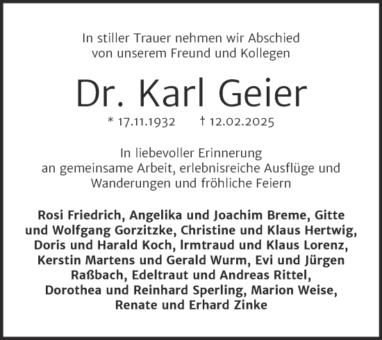 Traueranzeige von Karl Geier von Trauerkombi Köthen