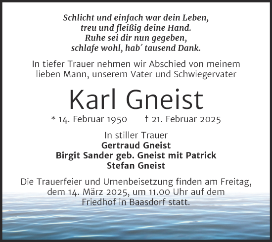 Traueranzeige von Karl Gneist von Trauerkombi Köthen