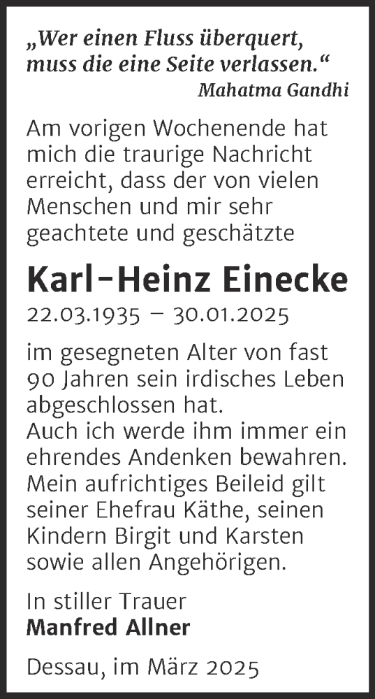 Traueranzeige von Karl-Heinz Einecke von Mitteldeutsche Zeitung Dessau-Roßlau