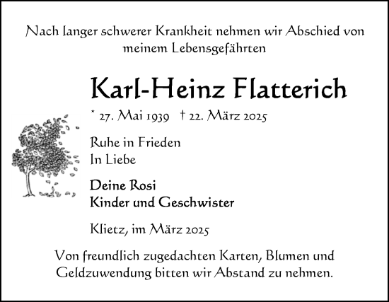 Traueranzeige von Karl-Heinz Flatterich von Volksstimme Altmark Ost