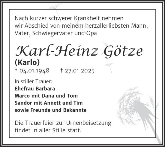 Traueranzeige von Karl-Heinz Götze von Trauerkombi Aschersleben