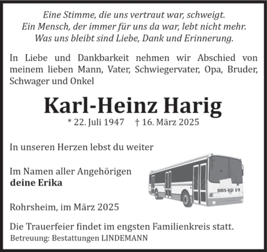Traueranzeige von Karl-Heinz Harig von Volksstimme Halberstadt