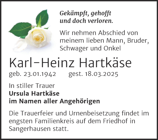 Traueranzeige von Karl-Heinz Hartkäse von Mitteldeutsche Zeitung Sangerhausen