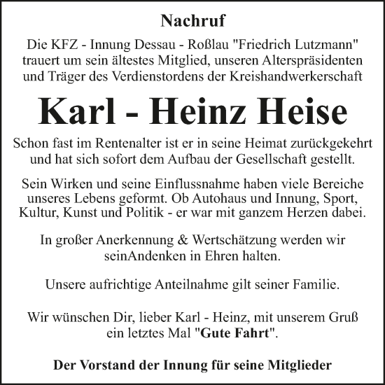 Traueranzeige von Karl-Heinz Heise von Super Sonntag Dessau-Roßlau