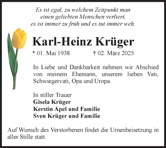 Traueranzeige von Karl-Heinz Krüger von Volksstimme Altmark Ost