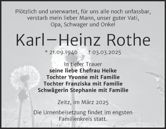 Traueranzeige von Karl-Heinz Rothe von Trauerkombi Zeitz