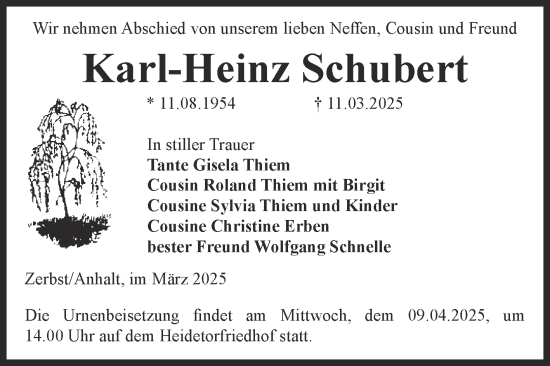 Traueranzeige von Karl-Heinz Schubert von Volksstimme Zerbst