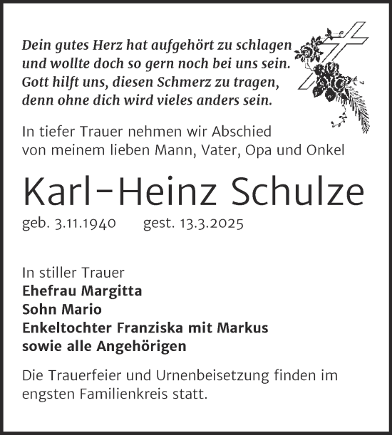 Traueranzeige von Karl-Heinz Schulze von Trauerkombi Köthen