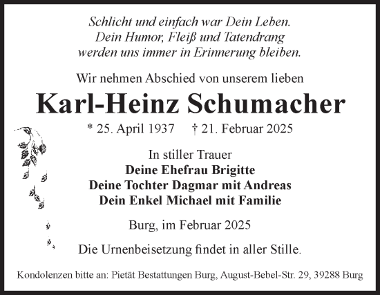 Traueranzeige von Karl-Heinz Schumacher von Volksstimme Burg/Genthin