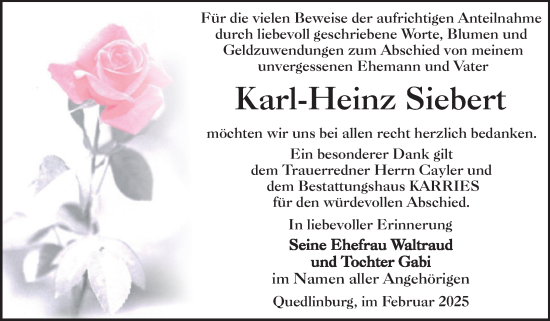 Traueranzeige von Karl-Heinz Siebert von Trauerkombi Quedlinburg