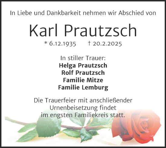 Traueranzeige von Karl Prautzsch von Mitteldeutsche Zeitung Halle/Saalkreis