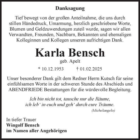 Traueranzeige von Karla Bensch von Volksstimme Magdeburg