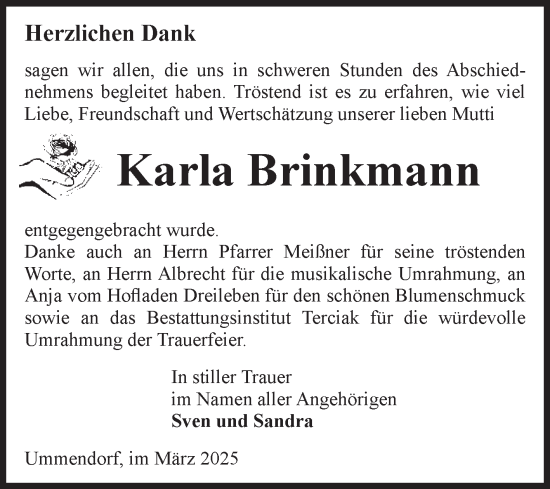 Traueranzeige von Karla Brinkmann von Volksstimme Oschersleben/Wanzleben