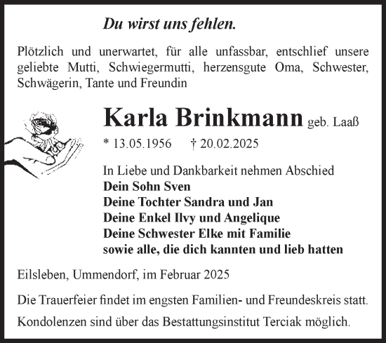 Traueranzeige von Karla Brinkmann von Volksstimme Oschersleben/Wanzleben