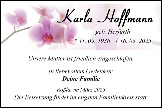 Traueranzeige von Karla Hoffmann von Trauerkombi Sangerhausen