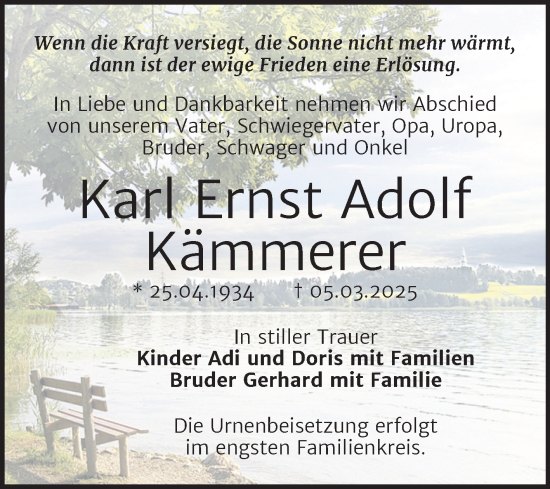 Traueranzeige von Karl Ernst Adolf Kämmerer von Trauerkombi Bernburg