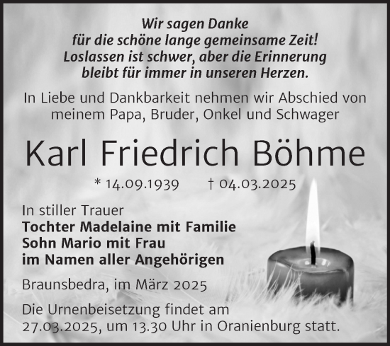 Traueranzeige von Karl Friedrich Böhme von Trauerkombi Merseburg