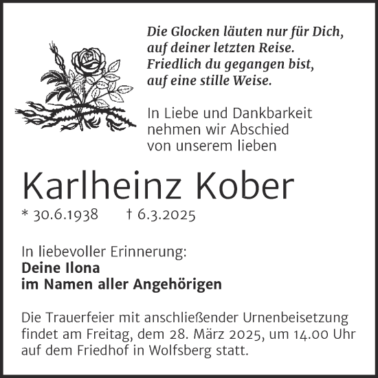 Traueranzeige von Karlheinz Kober von Trauerkombi Sangerhausen