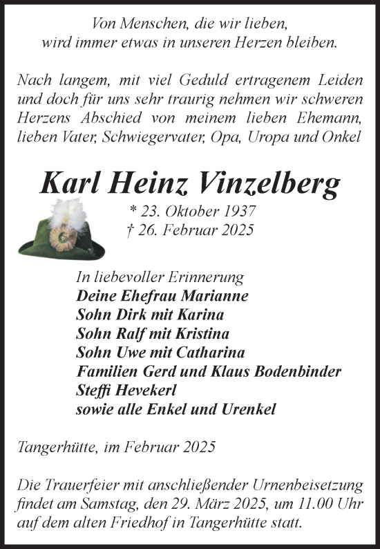 Traueranzeige von Karl Heinz Vinzelberg von Volksstimme Altmark Ost
