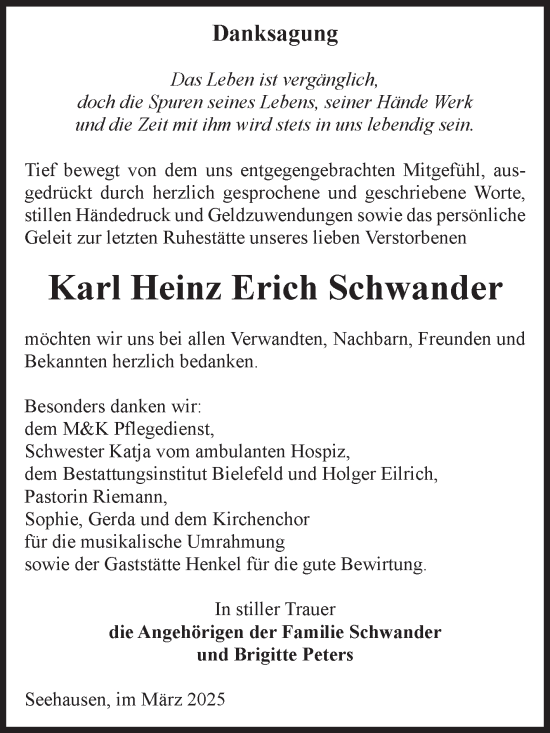 Traueranzeige von Karl Heinz Erich Schwander von Volksstimme Altmark Ost