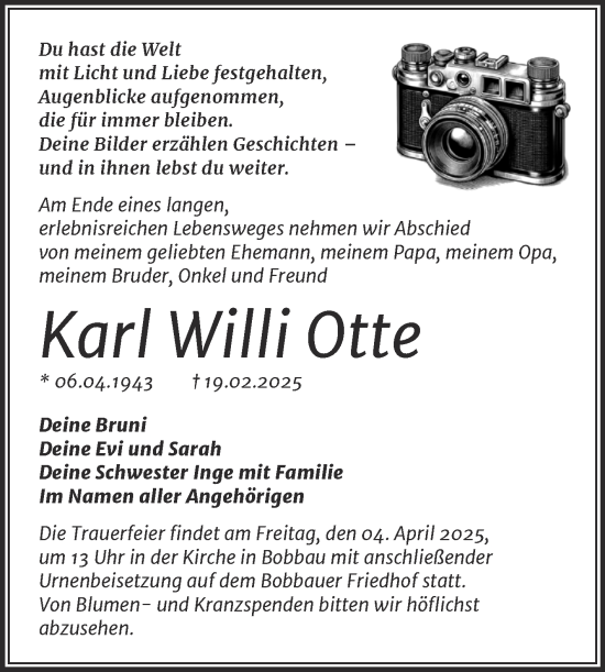 Traueranzeige von Karl Willi Otte von Trauerkombi Bitterfeld