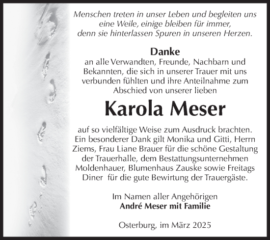 Traueranzeige von Karola Meser von Volksstimme Altmark Ost