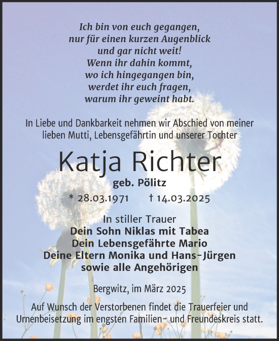 Traueranzeige von Katja Richter von Trauerkombi Wittenberg