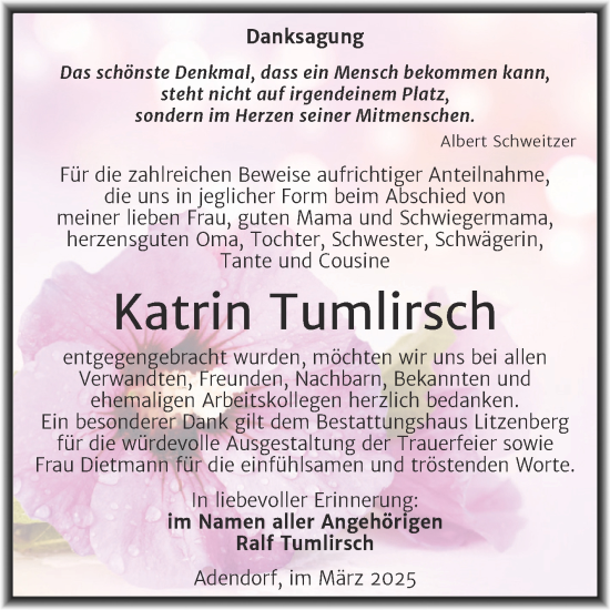 Traueranzeige von Katrin Tumlirsch von Trauerkombi Mansfelder Land