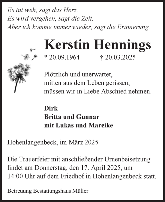 Traueranzeige von Kerstin Hennings von Volksstimme Altmark West