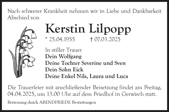 Traueranzeige von Kerstin Lilpopp von Volksstimme Burg/Genthin