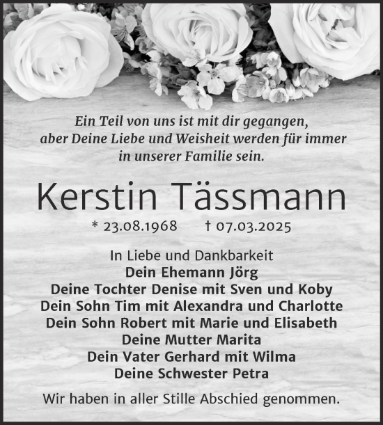 Traueranzeige von Kerstin Tässmann von Trauerkombi Merseburg