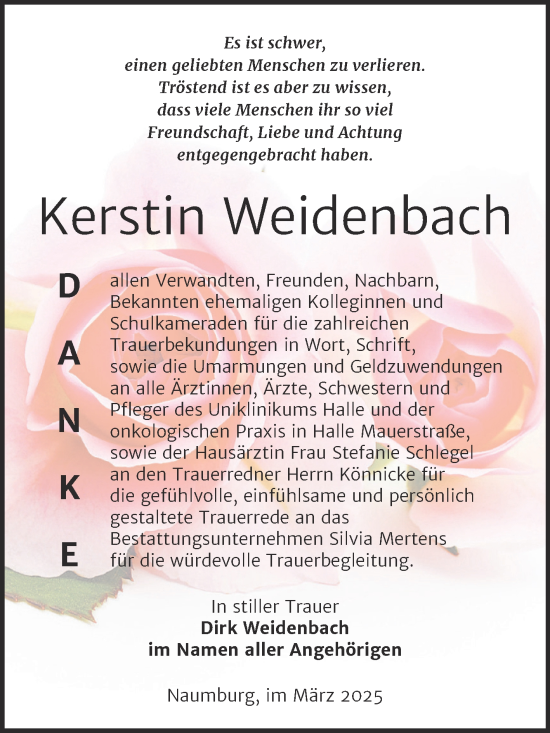Traueranzeige von Kerstin Weidenbach von Super Sonntag Naumburg/Nebra