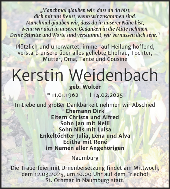 Traueranzeige von Kerstin Weidenbach von Super Sonntag Naumburg/Nebra