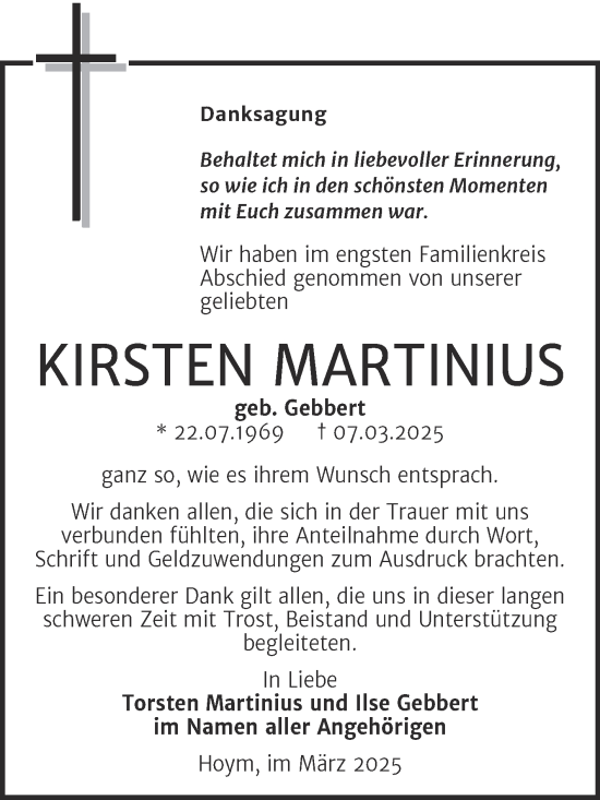 Traueranzeige von Kirsten Martinius von Trauerkombi Aschersleben