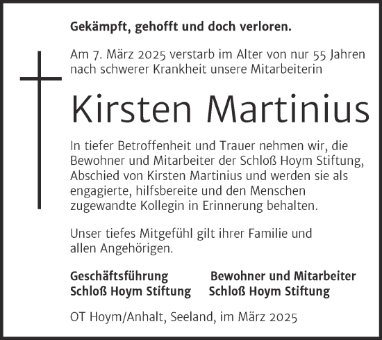 Traueranzeige von Kirsten Martinius von Mitteldeutsche Zeitung Aschersleben