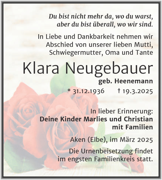 Traueranzeige von Klara Neugebauer von Trauerkombi Köthen