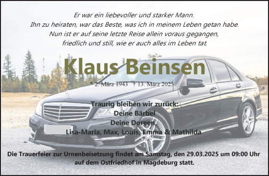 Traueranzeige von Klaus Beinsen von Volksstimme Magdeburg