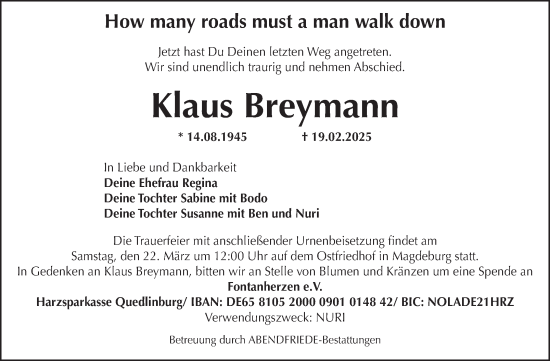 Traueranzeige von Klaus Breymann von Volksstimme Magdeburg