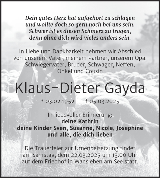 Traueranzeige von Klaus-Dieter Gayda von Trauerkombi Mansfelder Land