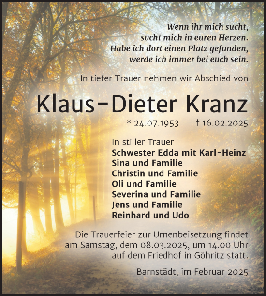 Traueranzeige von Klaus-Dieter Kranz von Trauerkombi Merseburg