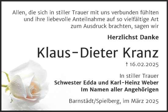 Traueranzeige von Klaus-Dieter Kranz von Trauerkombi Merseburg