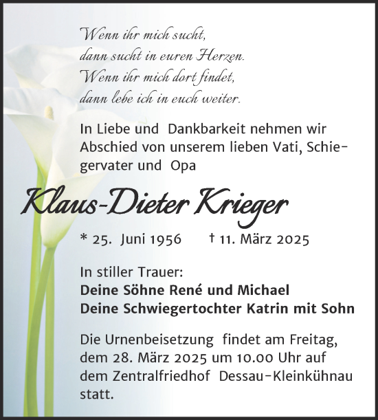 Traueranzeige von Klaus-Dieter Krieger von Trauerkombi Dessau