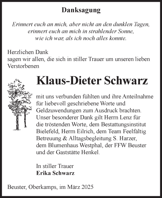 Traueranzeige von Klaus-Dieter Schwarz von Volksstimme Altmark Ost