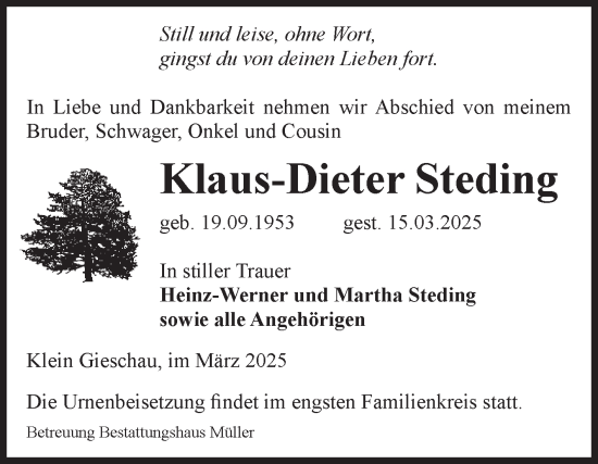 Traueranzeige von Klaus-Dieter Steding von Volksstimme Altmark West