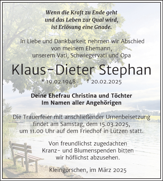 Traueranzeige von Klaus-Dieter Stephan von Trauerkombi Weißenfels