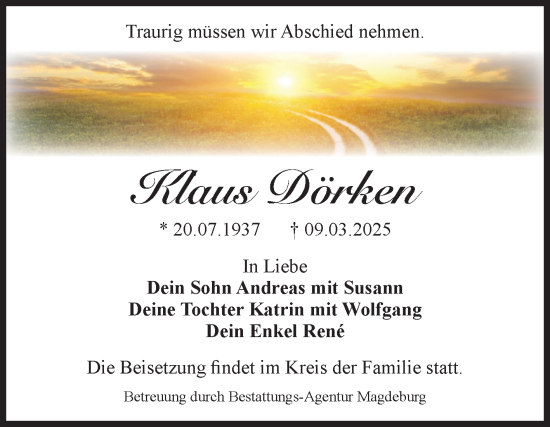 Traueranzeige von Klaus Dörken von Volksstimme Magdeburg