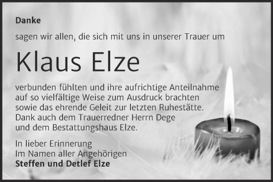 Traueranzeige von Klaus Elze von Trauerkombi Dessau