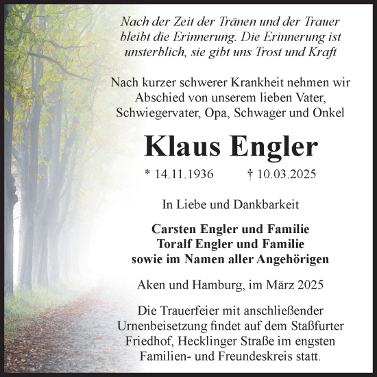 Traueranzeige von Klaus Engler von Volksstimme Staßfurt
