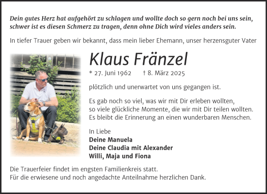 Traueranzeige von Klaus Fränzel von Trauerkombi Zeitz